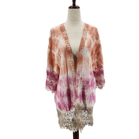 Democracy Tie Dye Crochet Multicolor Kimono Duster Cardigan Womens XS - Picture 1 of 11